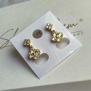 18K Gold Filled Oro Laminado Crystal Clover Stud Dangle Earrings